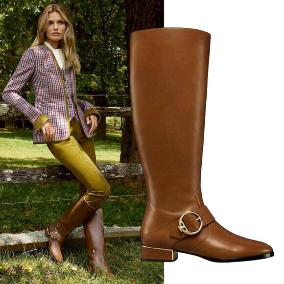 Tory Burch Sofia Tall Riding Boots Leather Logo Festive Brown Size 7 - Picture 2 of 12